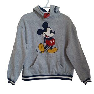 Disney Mickey Mouse Hooded Sweatshirt Gray Textured Logo Hoodie Womens Medium